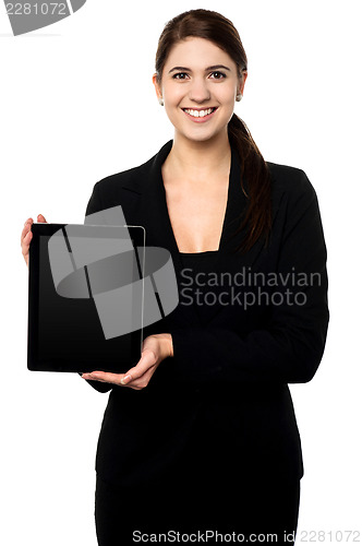 Image of Female presenting brand new tablet pc