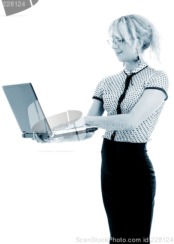 Image of monochrome portrait or energetic businesswoman with laptop