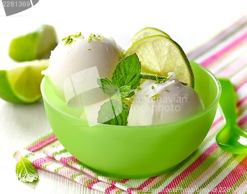 Image of lemon sorbet decorated with lime slices and mint