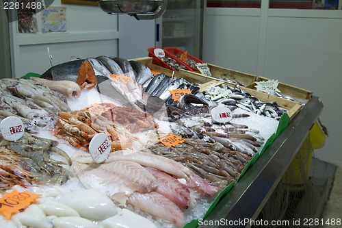 Image of Fresh seafood fish krivetki, mussels on ice.