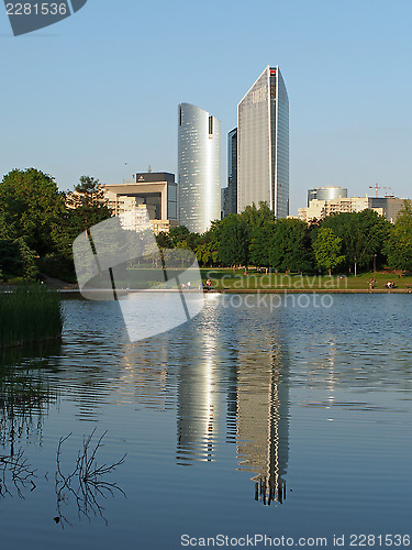 Image of La Defense Skyscrapers and arch seen from Nanterre park, Paris j