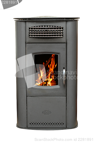 Image of iron stove with burning fire