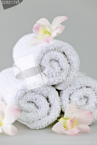 Image of White rolled up spa towels