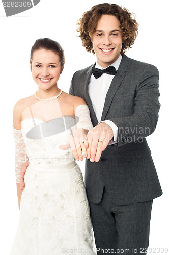 Image of Lovely couple showing their wedding bands