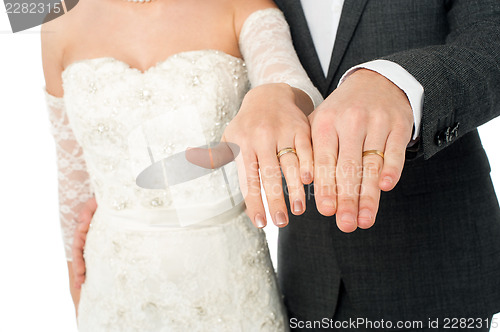 Image of Bride and groom showing their wedding rings