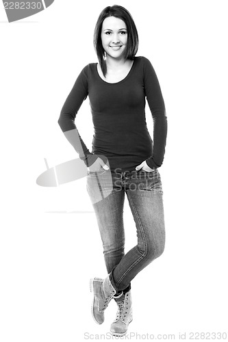 Image of Woman in trendy wear. Black and white image