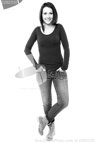 Image of Woman in trendy wear. Black and white image