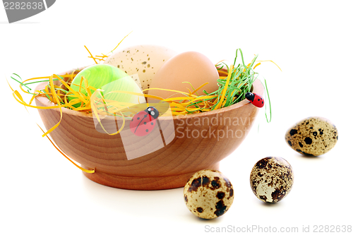 Image of Colorful Easter eggs in wooden bowl.