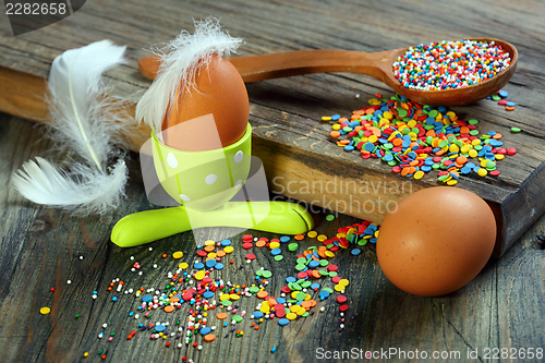 Image of Easter decorations for cakes and eggs.