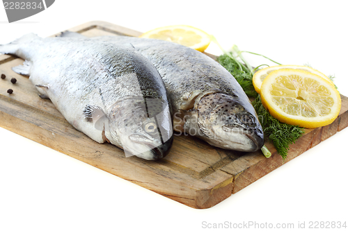 Image of Fresh fish and lemon on wooden board. 