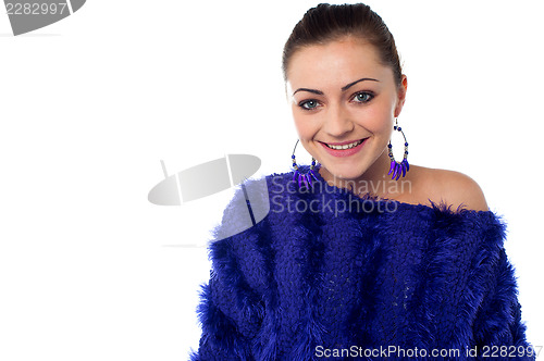 Image of Joyous girl in bright trendy off shoulder top