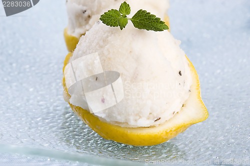 Image of lemon sorbet with lavender in cups of lemon