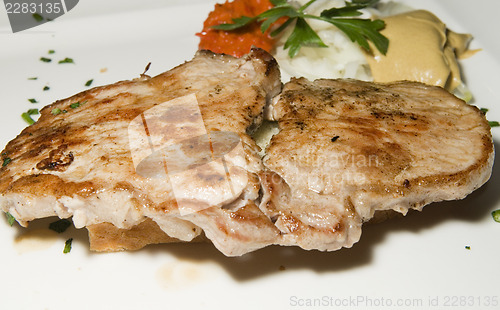 Image of pork fillet dinner with buckwheat and mustard  photographed in L