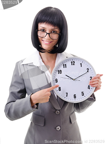 Image of office worker  holding big clock