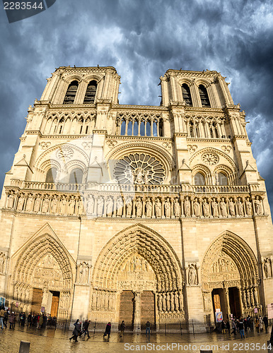 Image of Beautiful view of Notre Dame Cathedral in Paris on a clody sprin