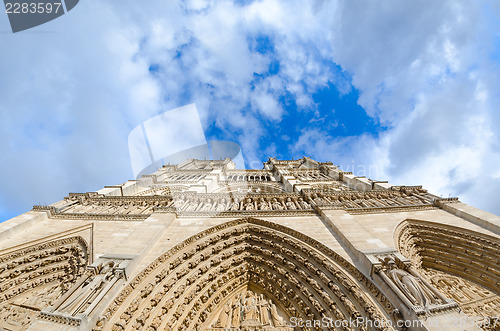 Image of Beautiful view of Notre Dame Cathedral in Paris on a clody sprin