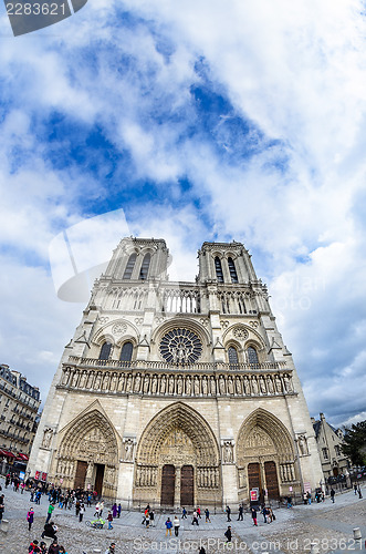 Image of Beautiful view of Notre Dame Cathedral in Paris on a clody sprin