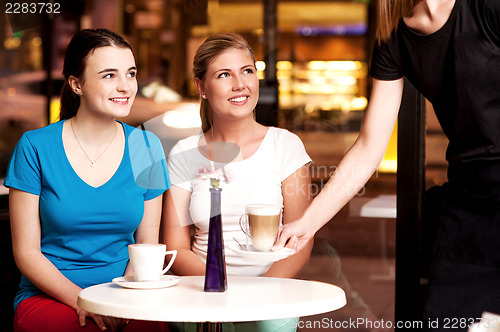 Image of Two beautiful young girls at coffee shop