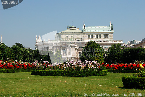 Image of Burgtheater, as seen from the Volksgarten in Vienna