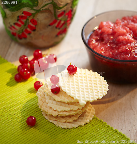 Image of freshly baked waffles and red berry jam