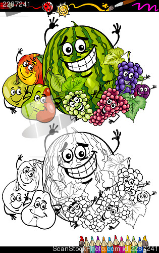 Image of cartoon fruits group for coloring book