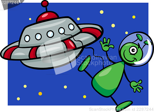 Image of alien with ufo cartoon illustration