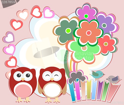 Image of Background with cute owls, heart, flower and birds