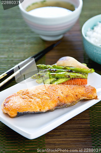 Image of Grilled Salmon with Miso soup and rice