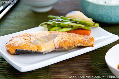 Image of Grilled Salmon with Miso soup and rice