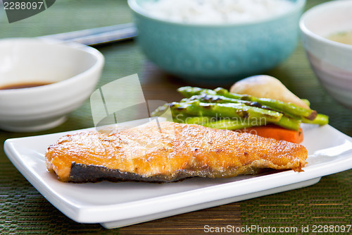 Image of Grilled Salmon with Miso soup and rice