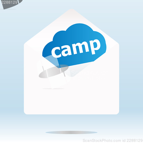 Image of camp word on blue cloud, paper mail envelope