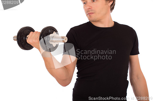 Image of Man doing exercise with a steel dumbbell