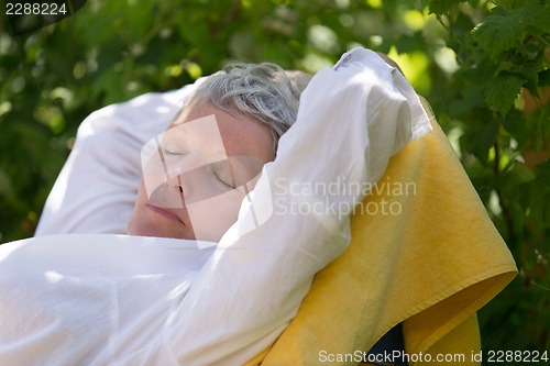 Image of Senior woman sleeping on lounger