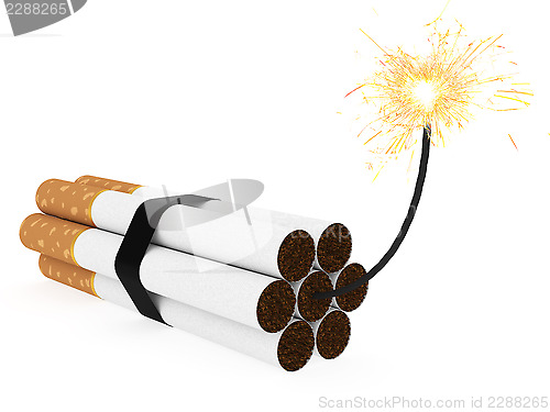 Image of Dynamite composed of cigarettes with burning wick on white