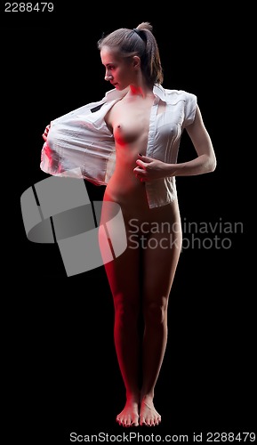 Image of attractive naked woman in white shirt