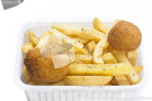 Image of close up of basket of fries and arancini