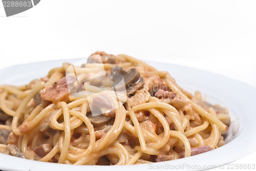 Image of spaghetti pasta with mushrooms sauce isolated