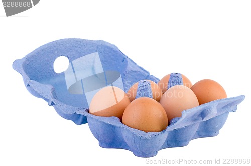 Image of Cardboard egg box with six brown eggs