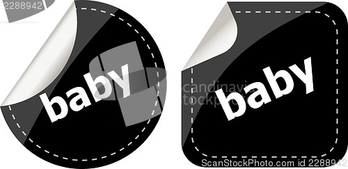 Image of baby word on black stickers button set, label