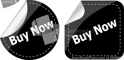 Image of buy now word on black stickers button set, business label