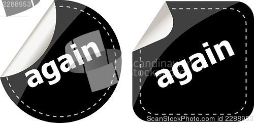 Image of again word on black stickers button set, label
