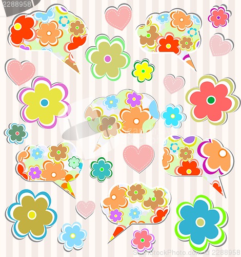 Image of Abstract psychedelic flowers with hearts and flower on lined paper background