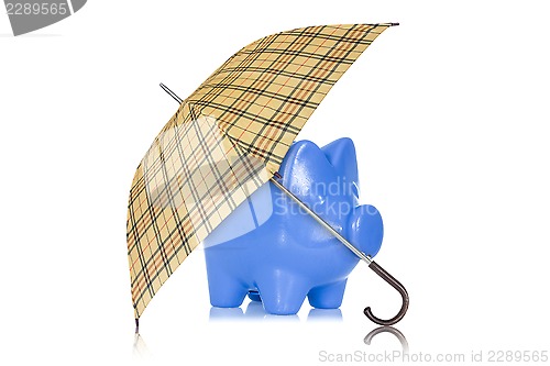 Image of Piggy bank with umbrella on white background