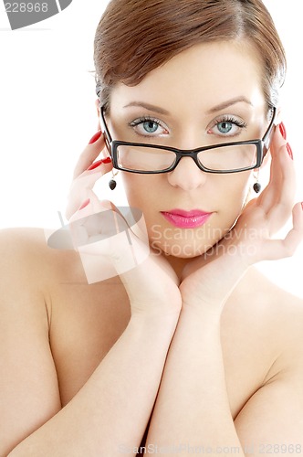 Image of topless lady in black plastic eyeglasses