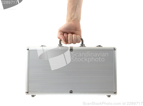 Image of Silver metal briefcase in hand