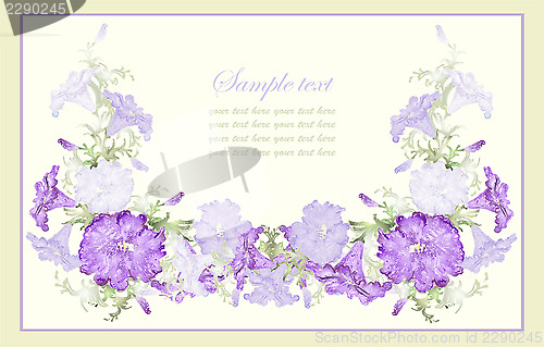 Image of Greeting card with petunia . Beautiful decorative framework with