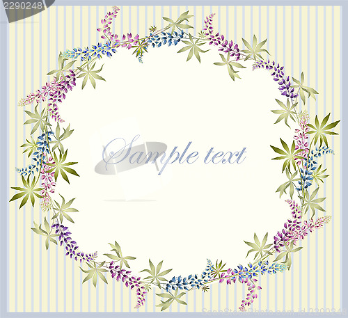 Image of Greeting card with lupine . Beautiful decorative framework with 