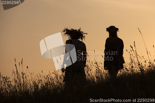 Image of Silhouettes of People picking flowers during midsummer soltice 