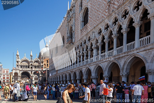 Image of ITALY, VENICE - JULY 2012: St Marco Square with crowd of tourist on July 16, 2012 in Venice. St Marco Square is the largest and most famous square in Venice.