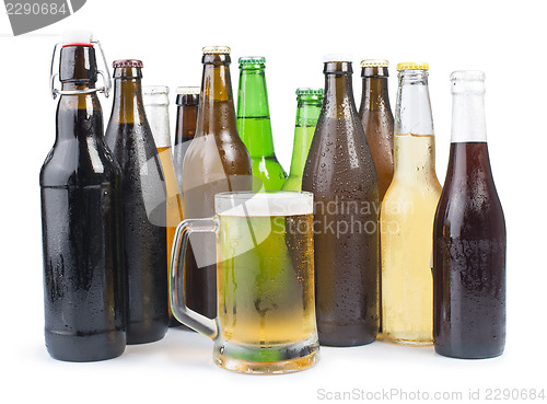 Image of Bottles of beer and beer mug. 